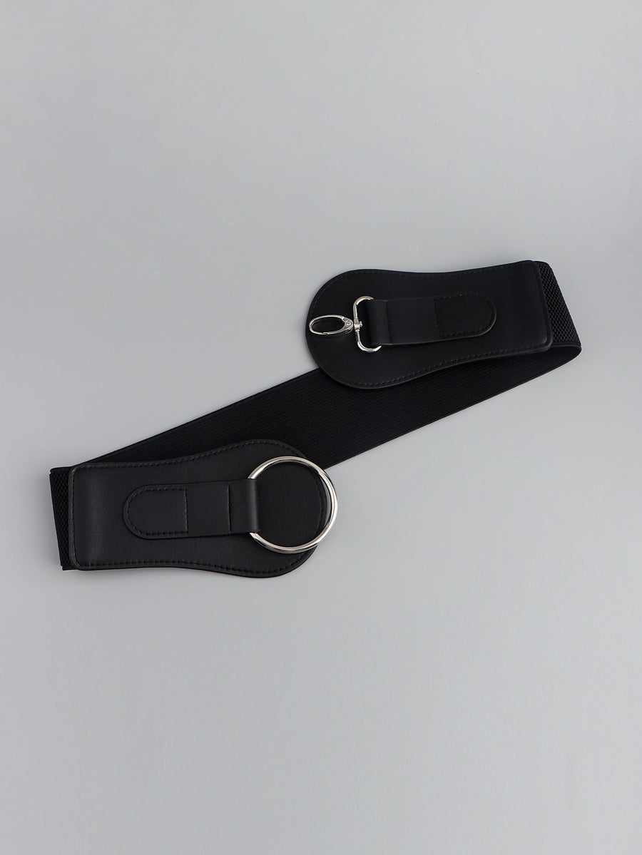 Black elastic cincher belt with silver ring and buckle detail