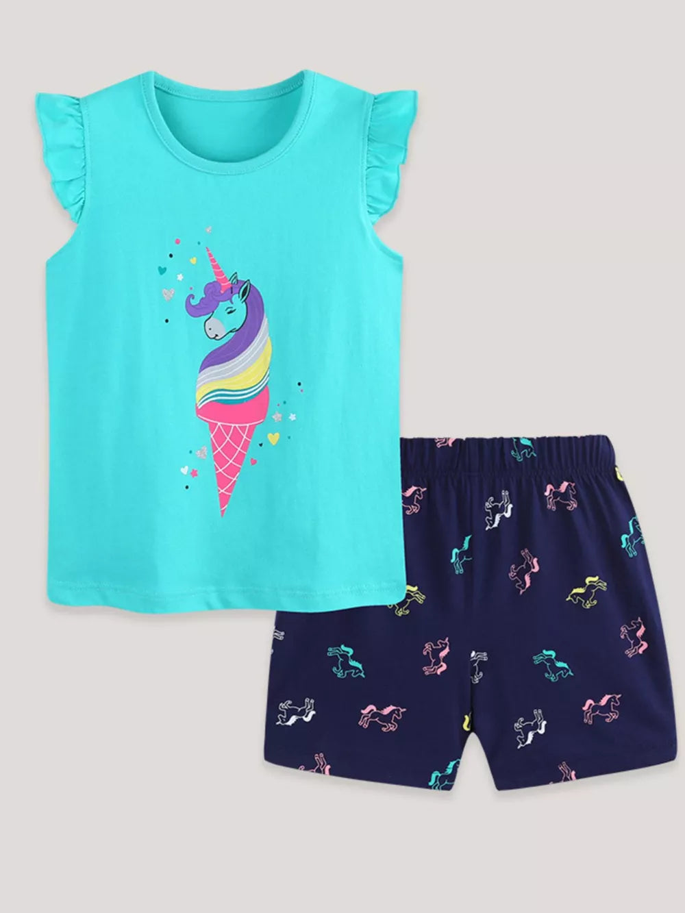 Aqua cotton toddler sleep set with unicorn ice cream graphic and unicorn print shorts.