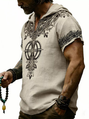 Apricot Men's Full Size Printed Hooded Short Sleeve Top
