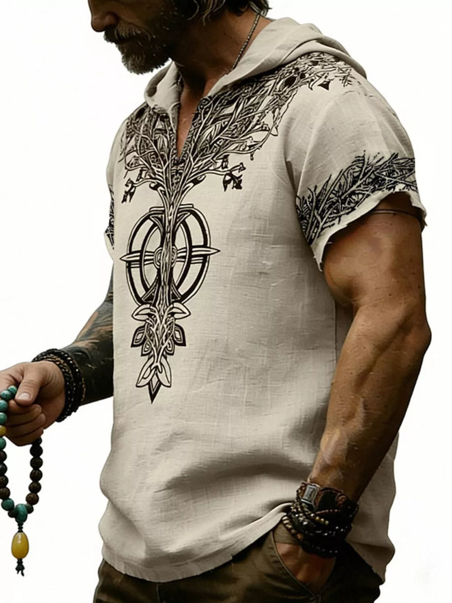 Apricot Men's Full Size Printed Hooded Short Sleeve Top