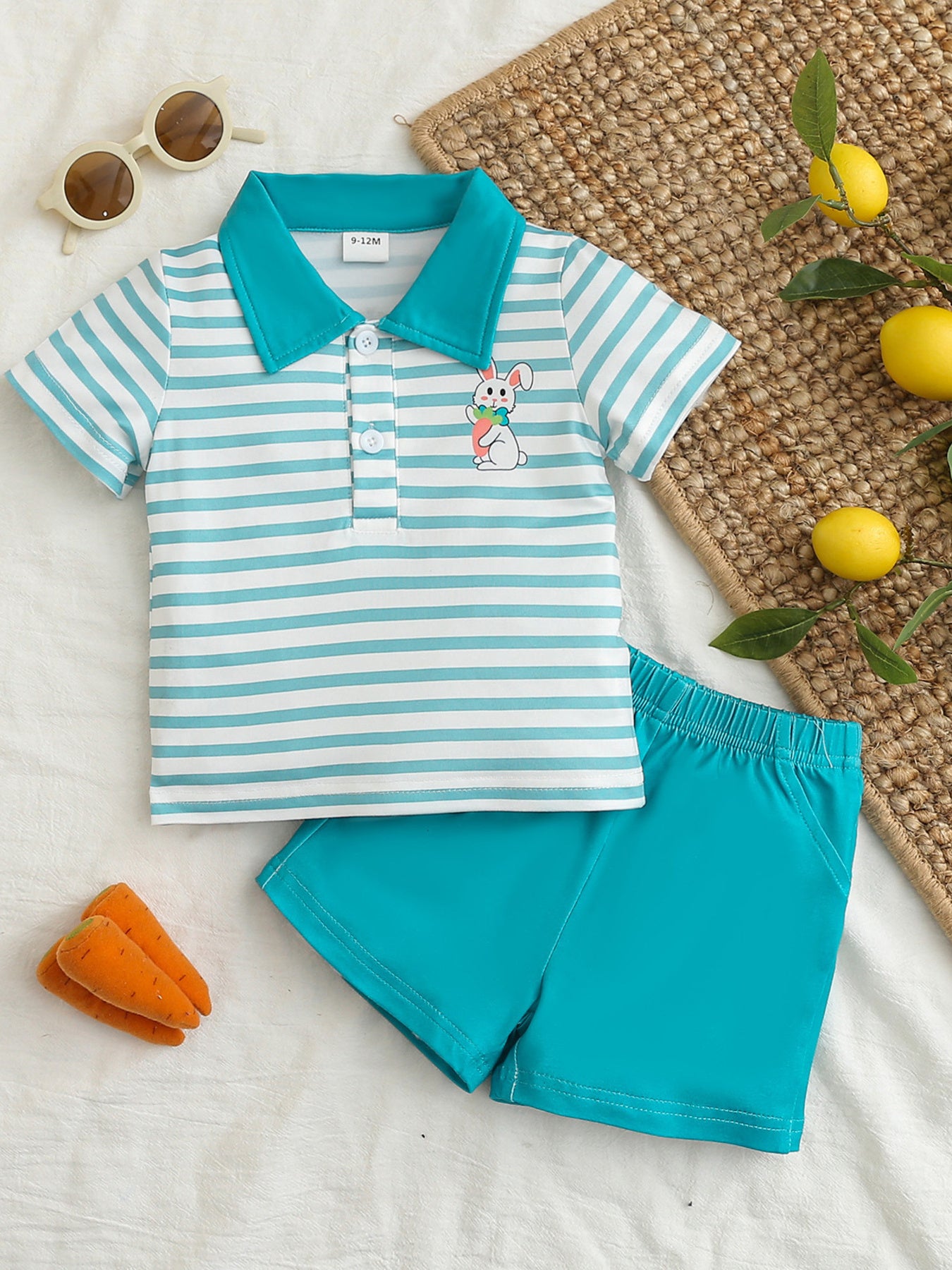 Childrens striped polo shirt with bunny graphic and turquoise shorts with elastic waistband