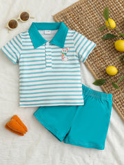 Childrens striped polo shirt with bunny graphic and turquoise shorts with elastic waistband