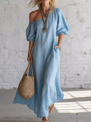 Sky Blue One-shoulder Puff Sleeve Maxi Dress
