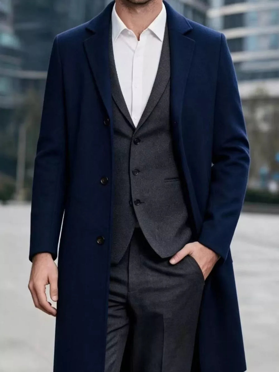 Men's Plus Size Slim-fit Lapel Collar Overcoat in Dark Gray with buttoned