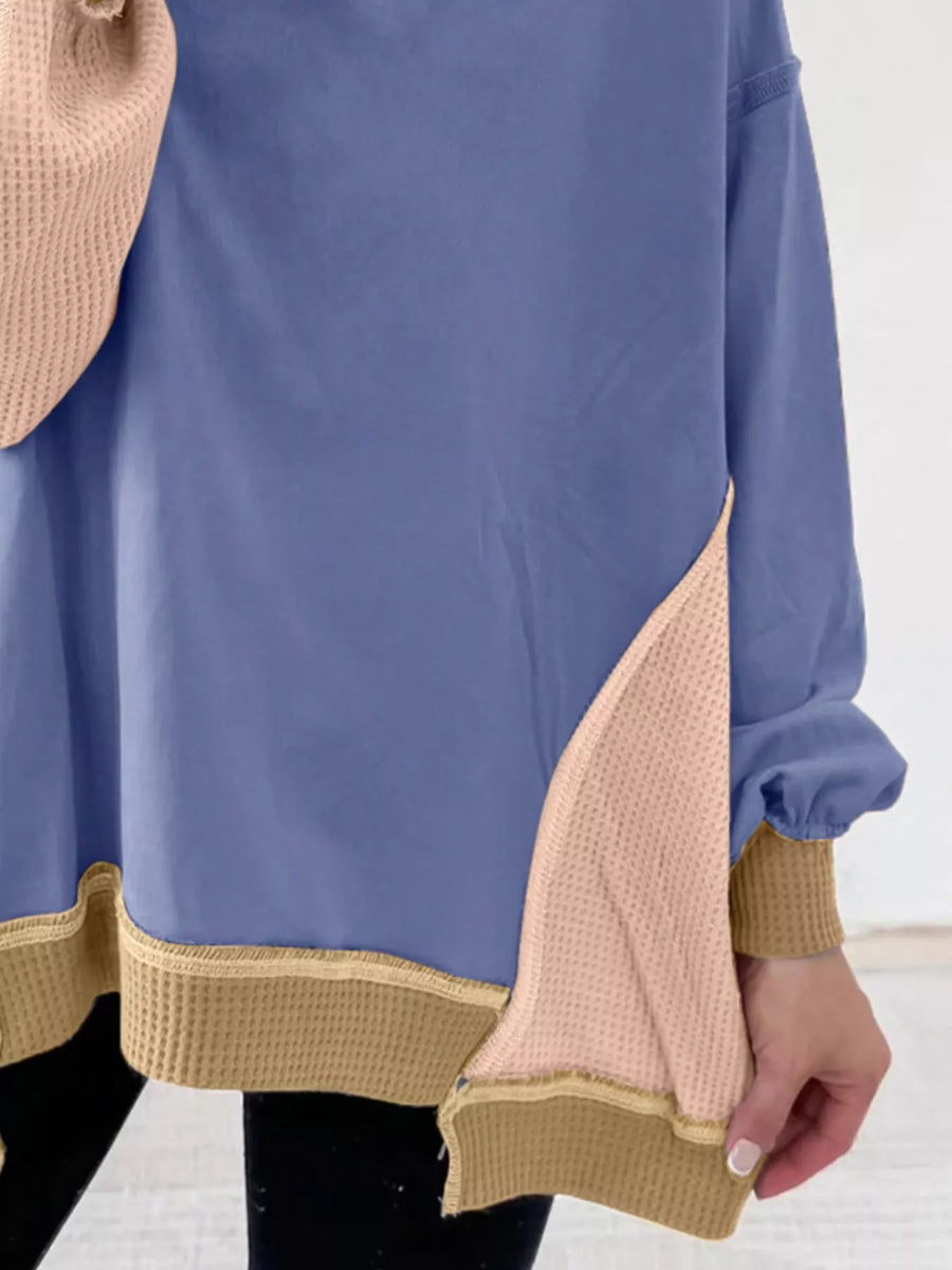 Dusty blue tunic with waffle-knit contrast panels and trim