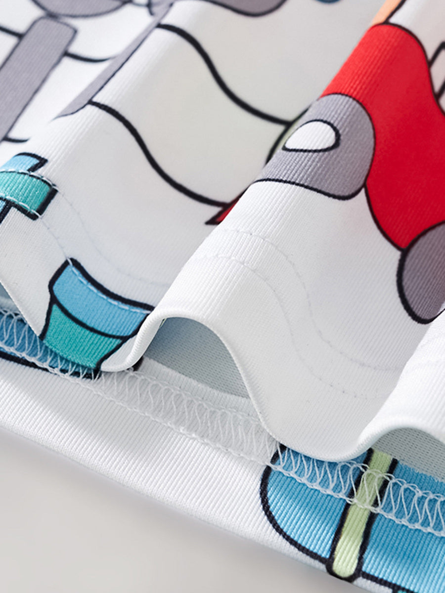 Toddler t-shirt with playful train print, white with red and blue accents.