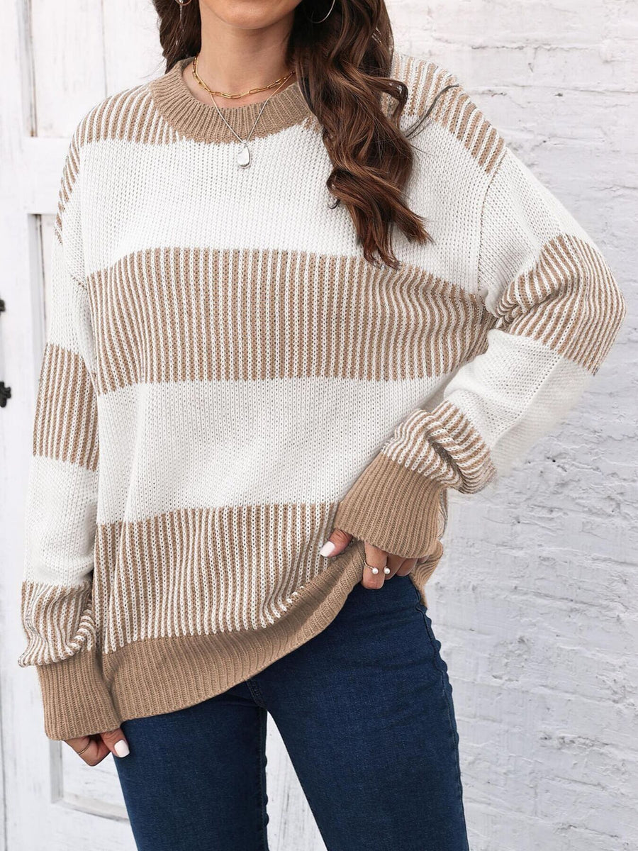 pullover sweater featuring striped in white with 100% polyester Care instructions: Machine wash cold texture