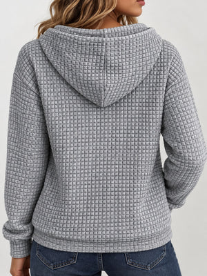 Waffle Knit Zip-Up Hoodie With Drawstring in Blue with zipper