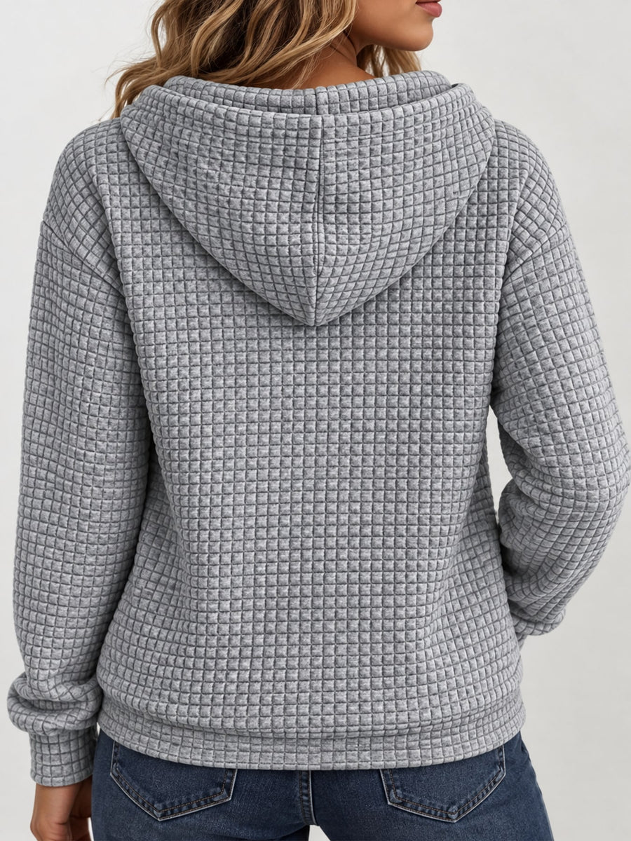 Waffle Knit Zip-Up Hoodie With Drawstring in Blue with zipper