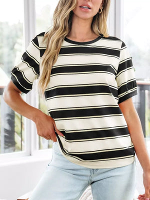 Classic striped crew neck tee in black and cream with short sleeves.