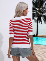 Striped knit polo top in deep red and white with short sleeves and a collar.