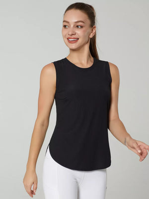 Black ribbed knit sleeveless tank top with curved hem