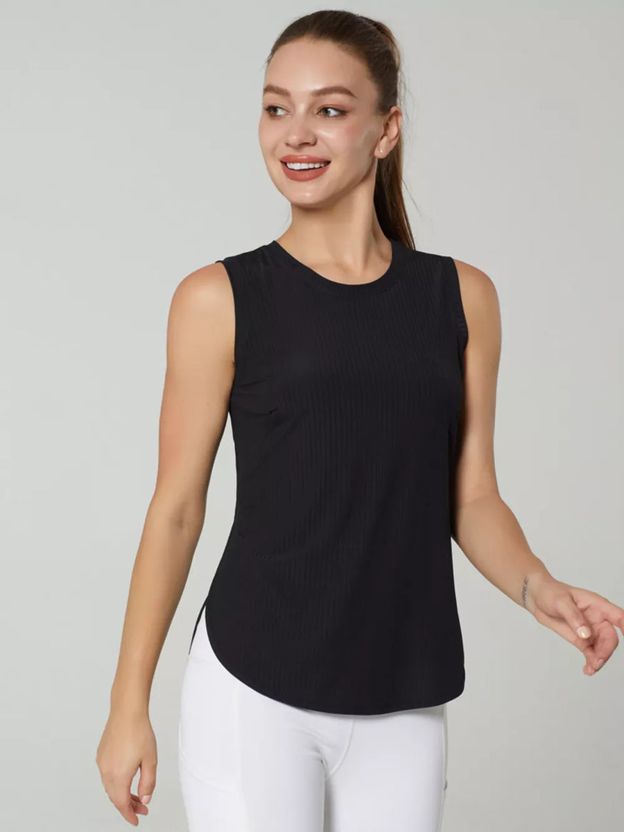 Black ribbed knit sleeveless tank top with curved hem