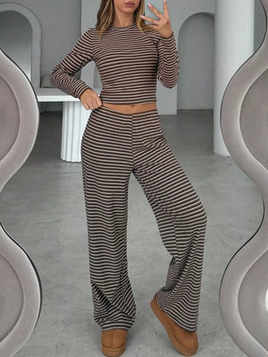 ivory two-piece set featuring cropped and striped