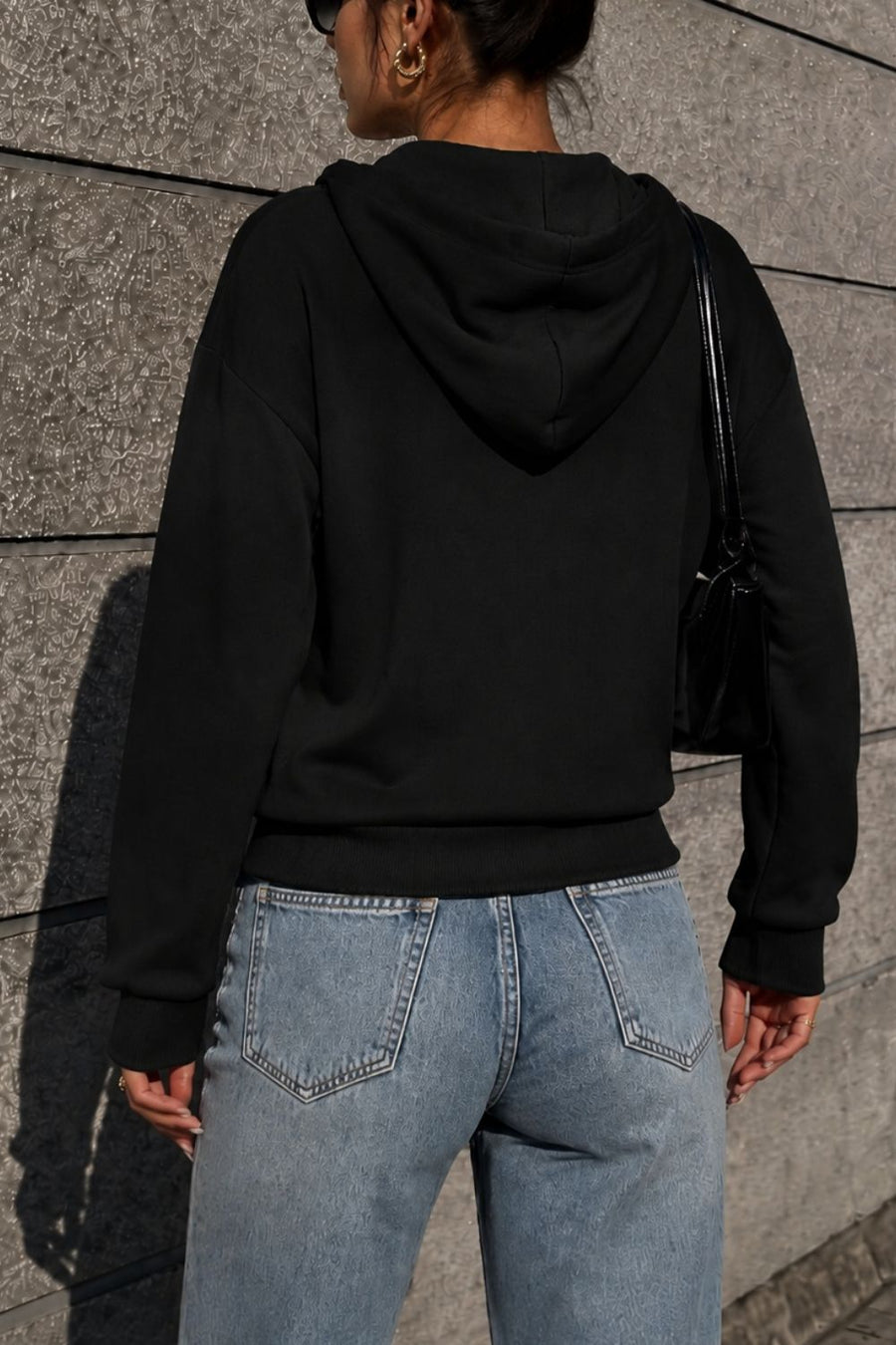Half Snap Kangaroo Pocket Hoodie in Black with kangaroo pocket