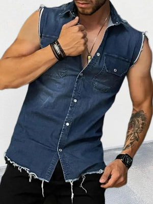 Men's raw-edge denim sleeveless shirt in navy with button-down front and chest pockets.