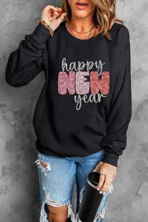 Black sweatshirt with glittered "Happy New Year" graphic, crewneck, long sleeves.