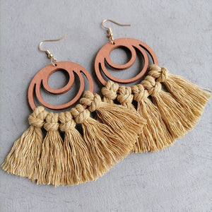 Macrame tassel and wood circle earrings in Caramel with knotted details.