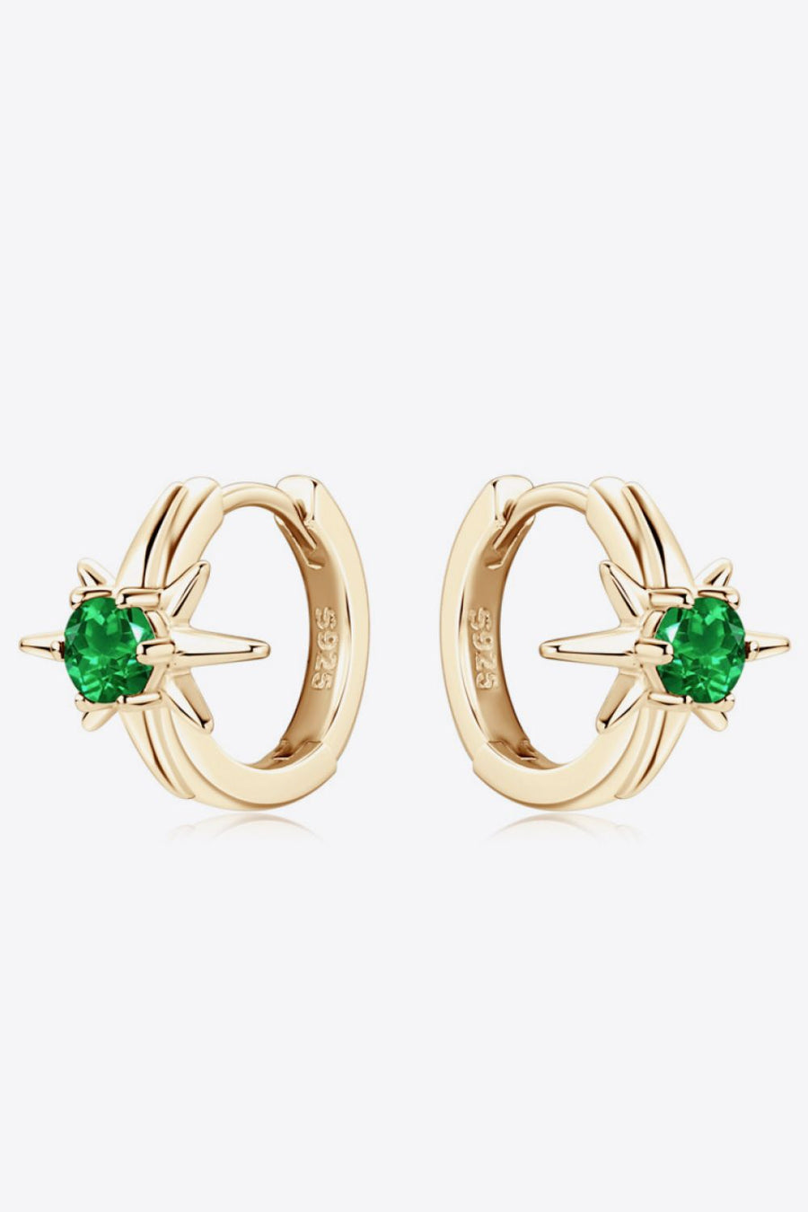 Gold starburst hoop earrings with emerald green gems