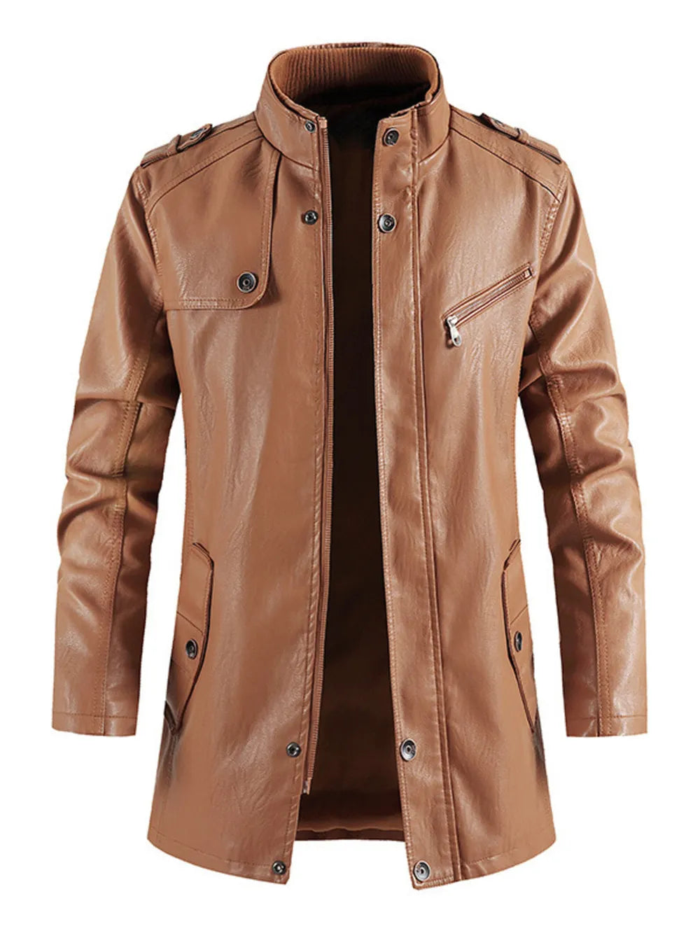 Men's caramel faux leather zip-up jacket with stand collar and chest zip pocket.