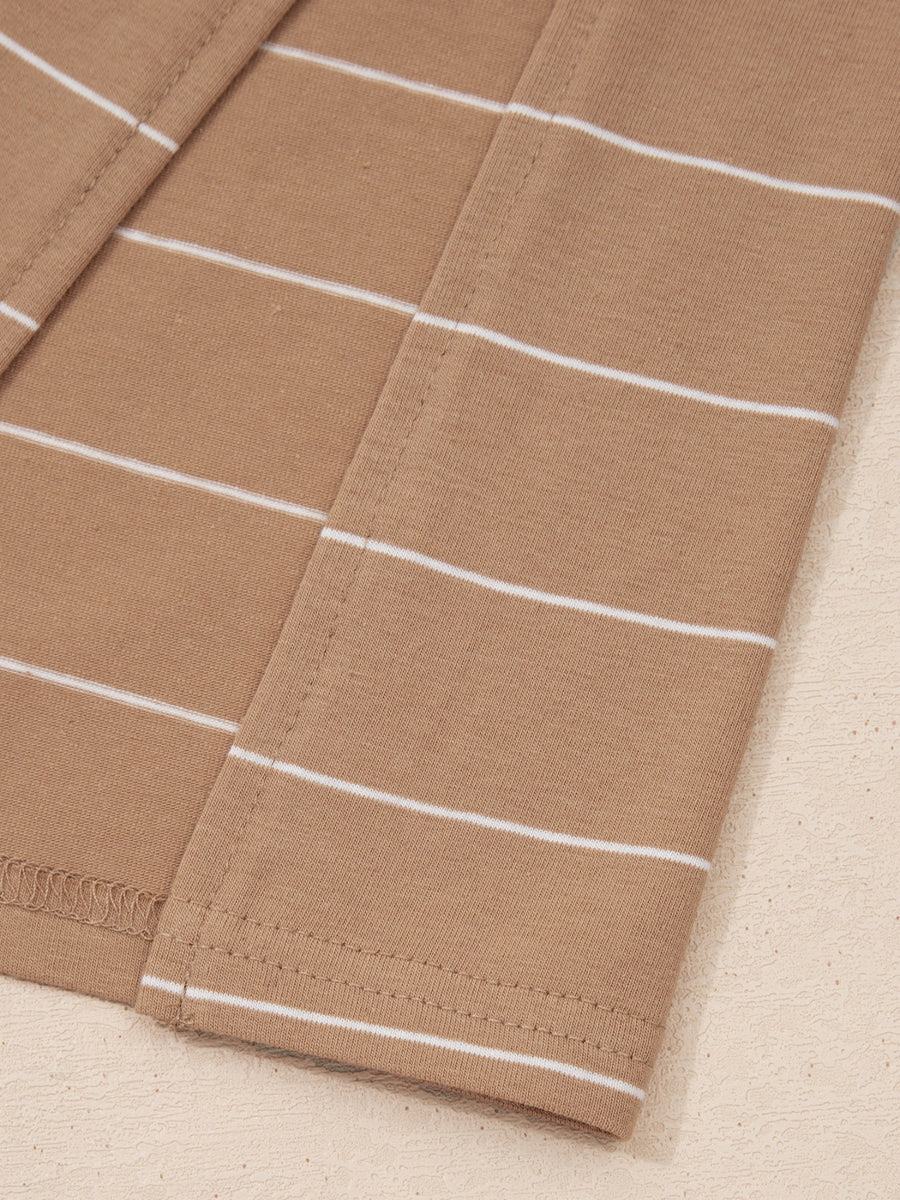 Brown striped maxi t-shirt dress with a casual, basic style.