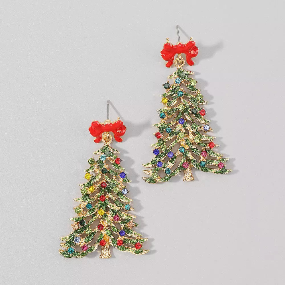 Festive rhinestone tree dangle earrings with red bows and colorful gems.