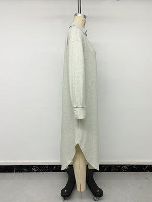 Polo Collar Long Sleeve Midi Dress in Light Gray with slit