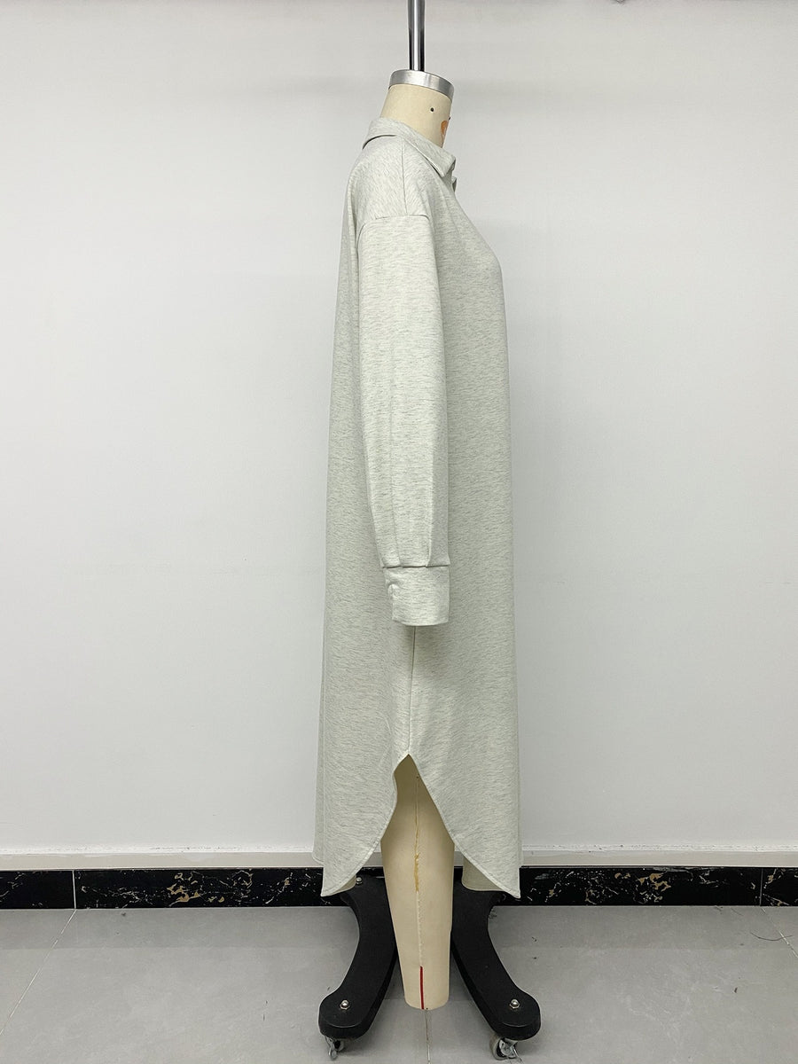 Polo Collar Long Sleeve Midi Dress in Light Gray with slit