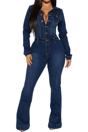 100% cotton jumpsuit in dark wash denim blue with slim silhouette