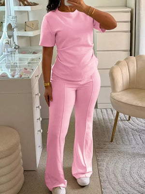 Pink Purple with Round Neck Short Sleeve Top And Pants Set