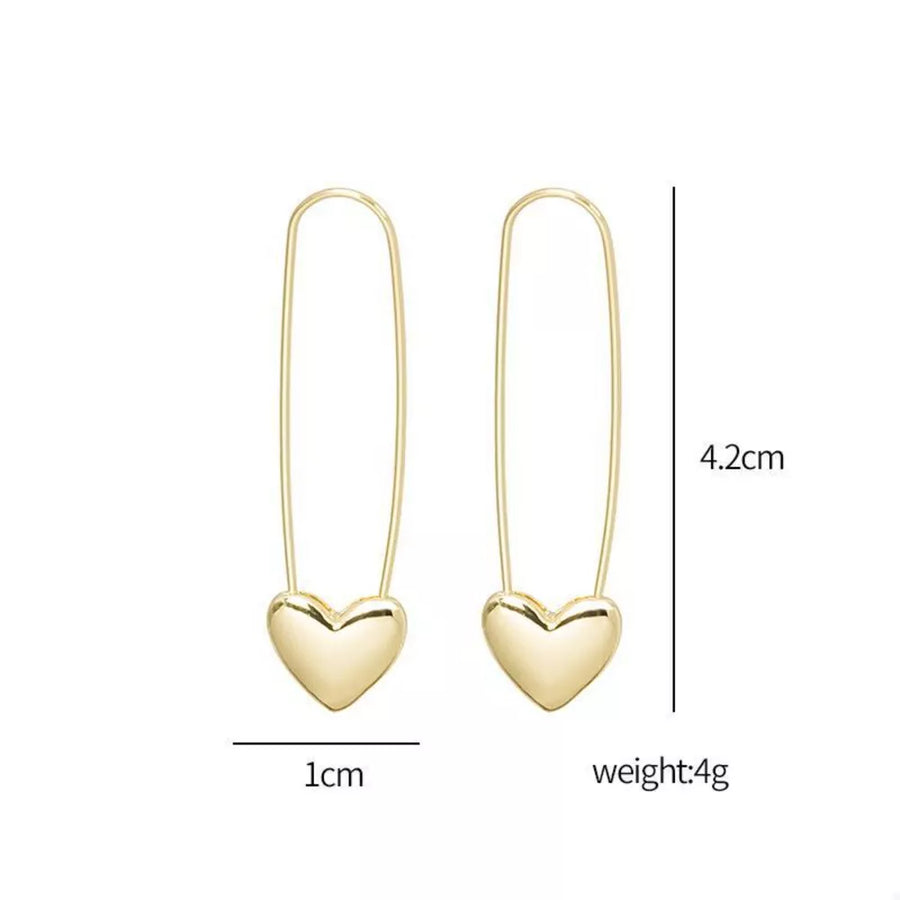 18k Gold-plated Heart Charm Safety Pin Earrings in gold with heart charm
