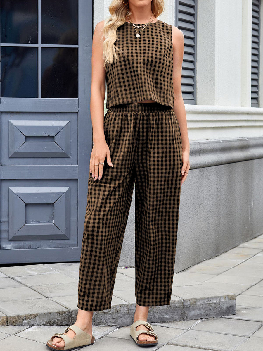 Caramel gingham cropped tank and tapered trouser set with elastic waist