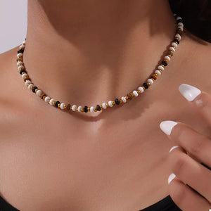 necklace featuring beaded in black with 18K Gold-Plated, Natural stone, Titanium Steel, Tiger&amp texture
