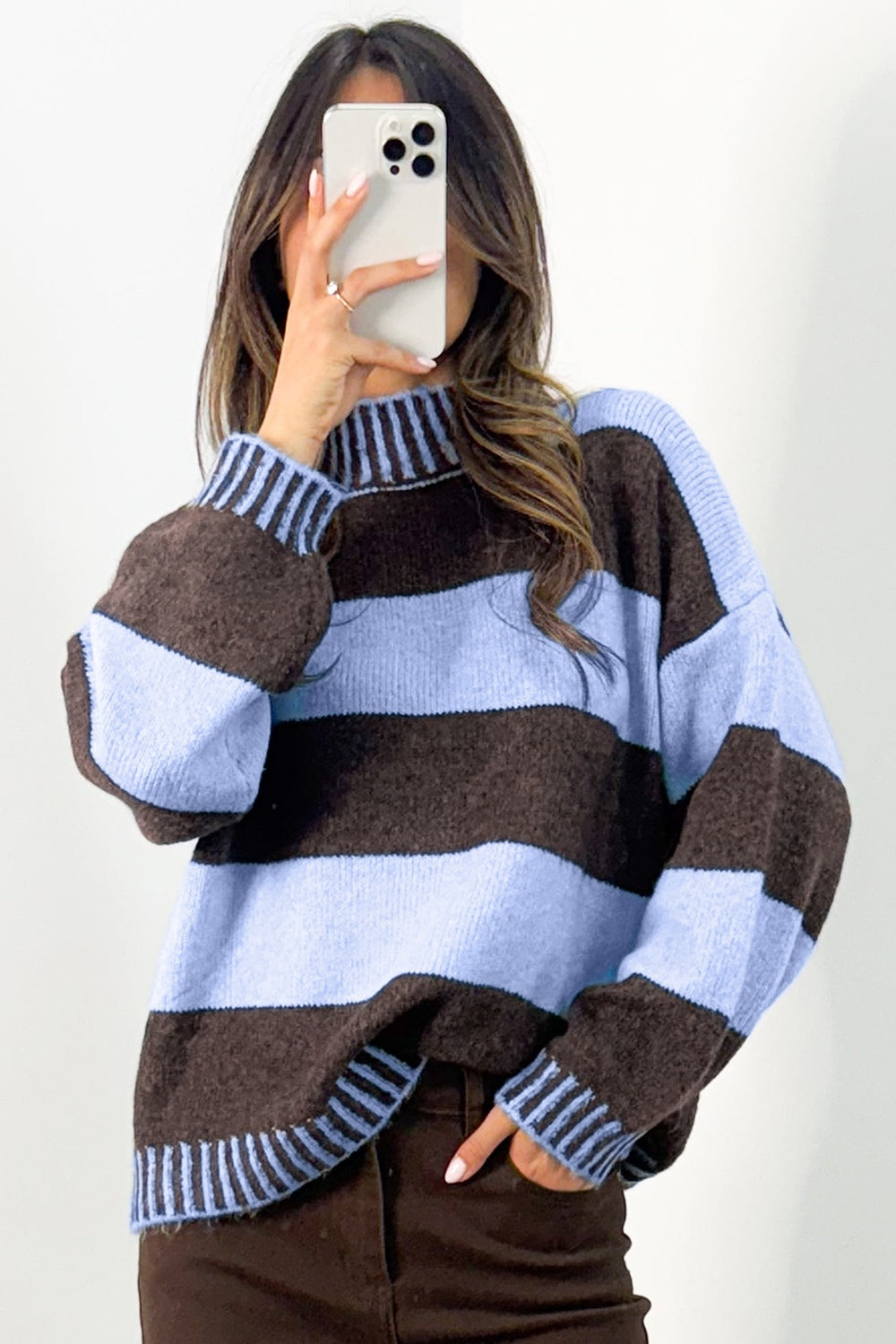 dark brown mock neck sweater with striped and mock neck