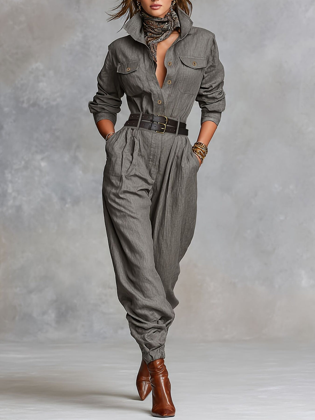 jumpsuit in olive green featuring buttoned and relaxed fit