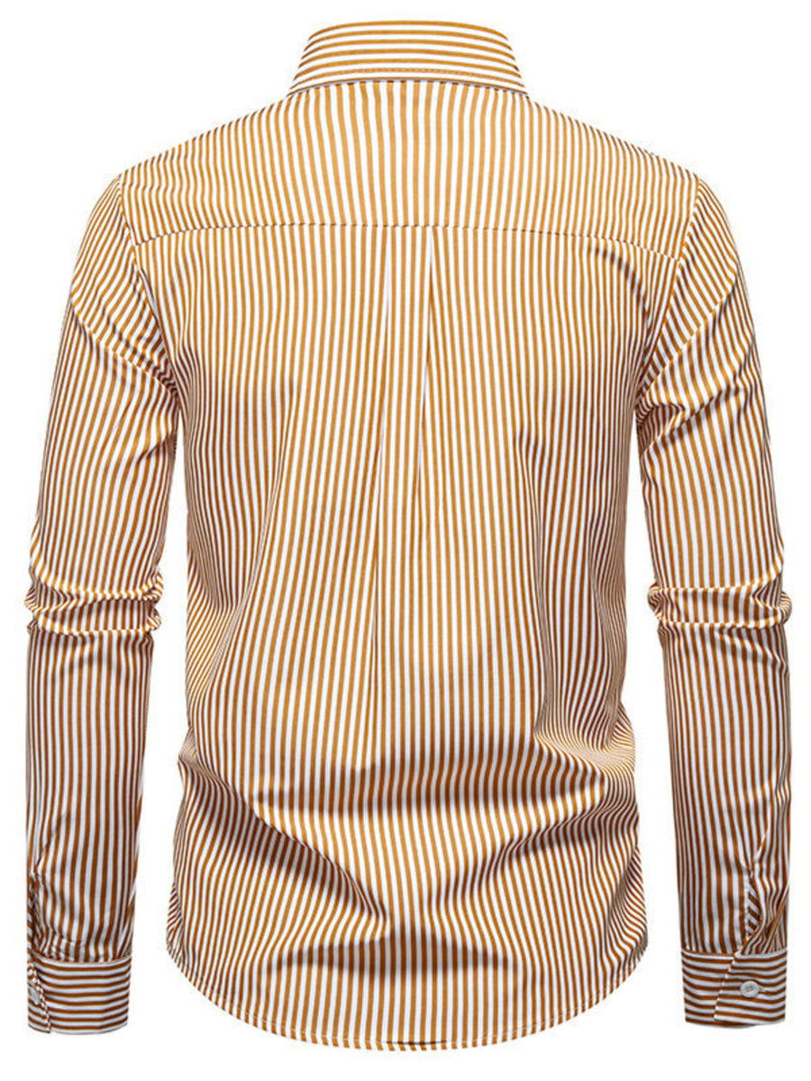 Men's brown and white striped long sleeve button-down shirt