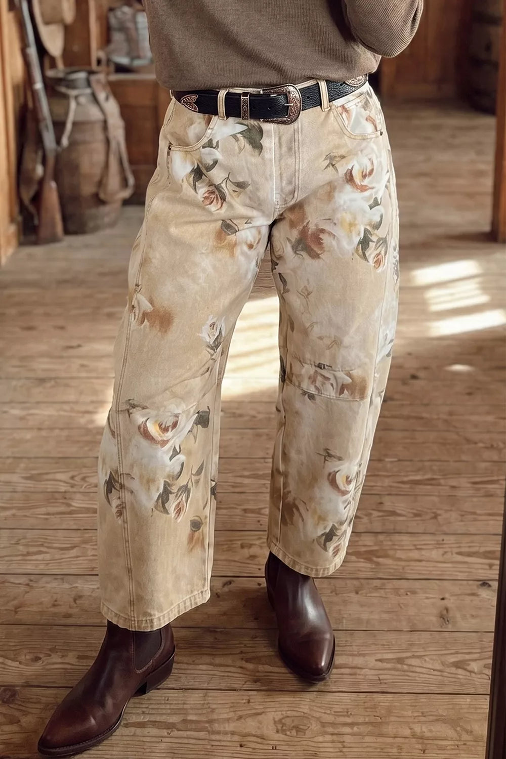 Beige Retro Floral Print Relaxed Barrel Jeans