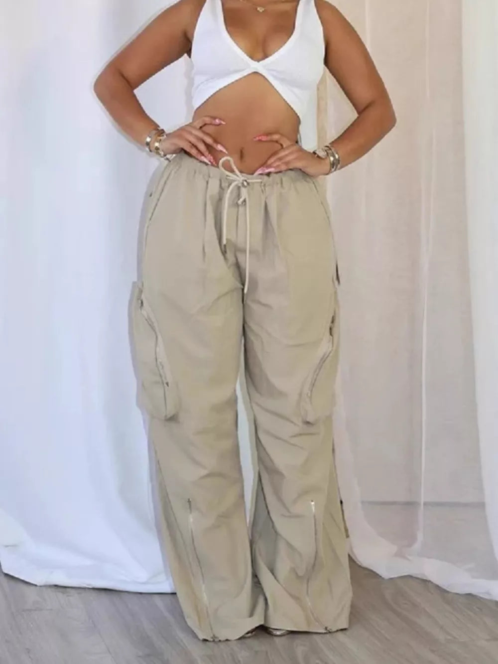 Black Drawstring Cargo Pants With Zipper Accents