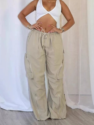 Black Drawstring Cargo Pants With Zipper Accents