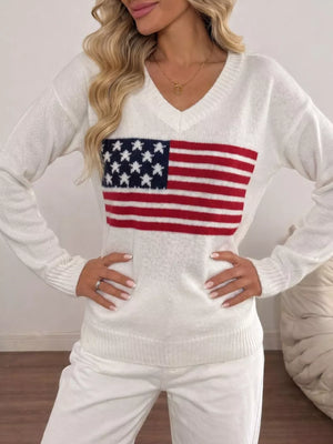 American Flag V-neck Knit Top in Black