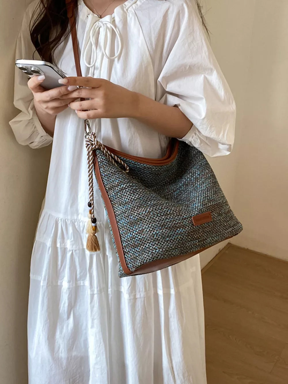 Tassel Woven Crossbody Bag in Camel