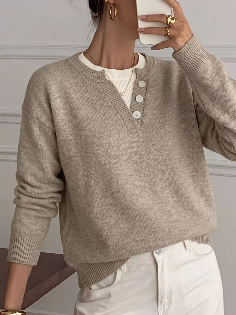 Khaki with Dropped Shoulder Long Sleeve Sweater