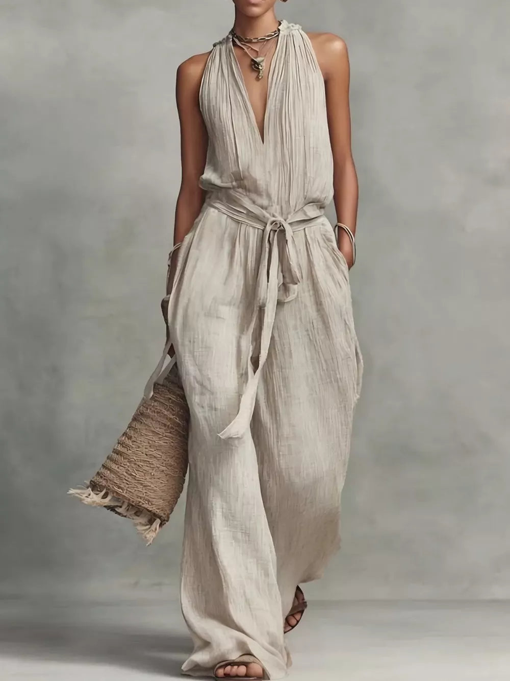 jumpsuit in light beige featuring tied waist and relaxed fit