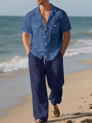Men's Casual Button-up Shirt And Pants Set Plus Size in White