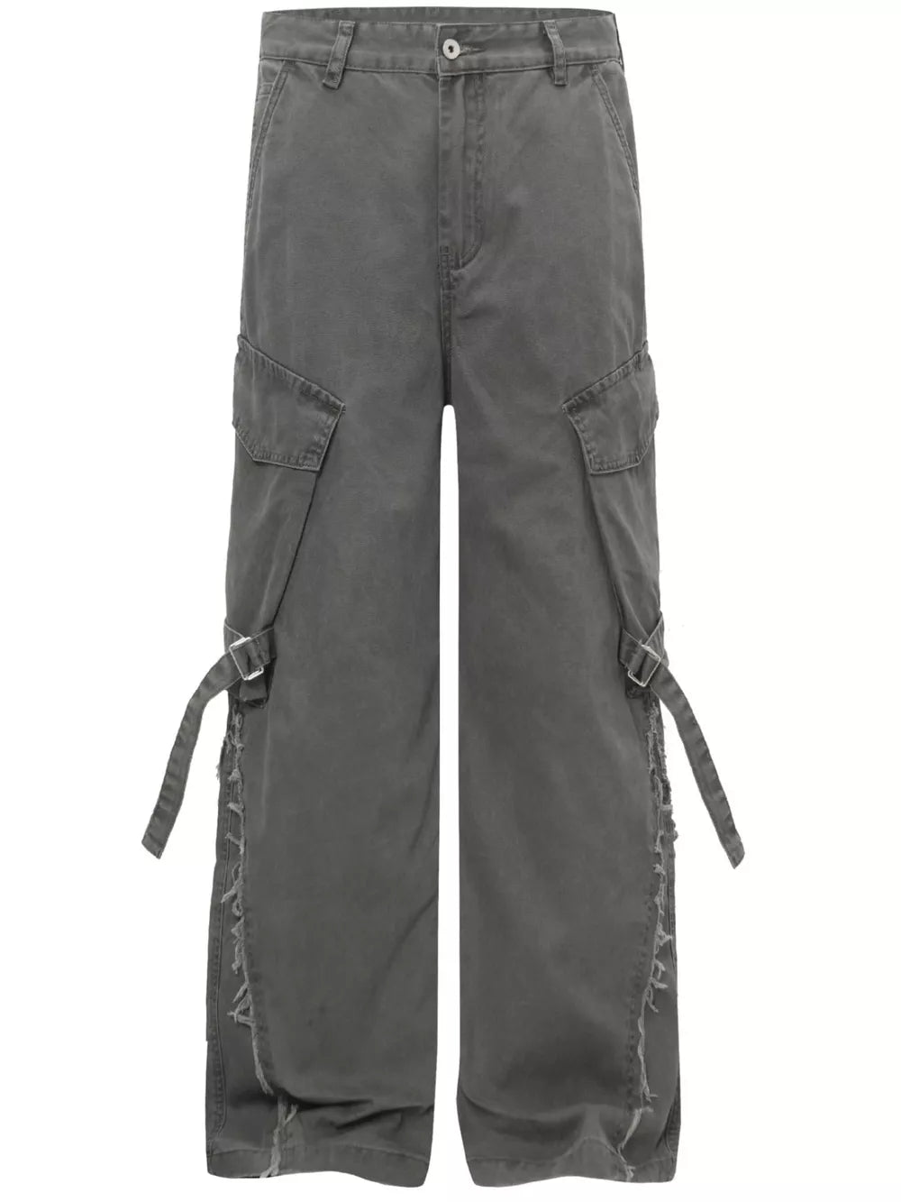 Grey cargo pants with buckle detail, pockets, and distressed hem.