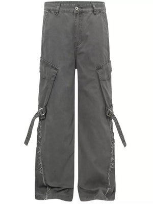 Grey cargo pants with buckle detail, pockets, and distressed hem.