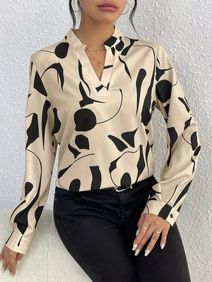 Beige with Abstract Print Notched Long Sleeve Blouse in Beige