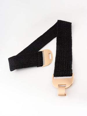 Black raffia belt with textured weave and gold-tone buckle detail