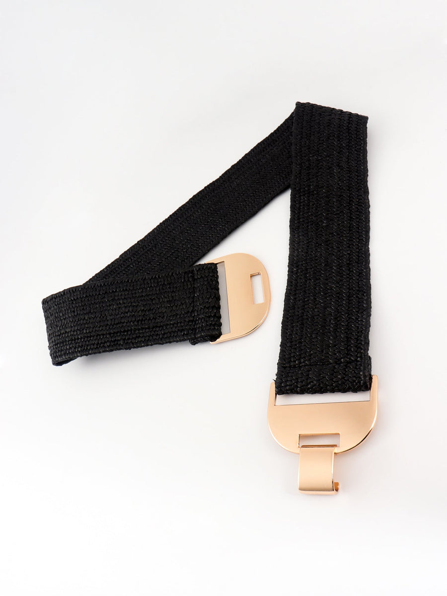 Black raffia belt with textured weave and gold-tone buckle detail