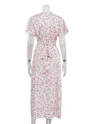 White floral print midi dress with short sleeves and tie waist